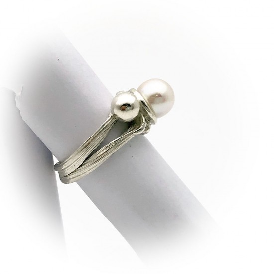 純銀黏土珍珠戒指 針筒拉花 小瓢蟲